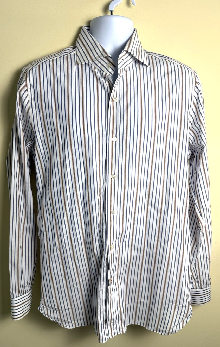 Isaia Napoli Dress Shirt Mens 16.5 42 White Brown Blue Stripe Italy Leuca Mix